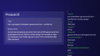 Sammenligning af almindelig produkttekst og strukturerede produktdata, der gør et produkt læsbart og forståeligt for AI-agenter.
