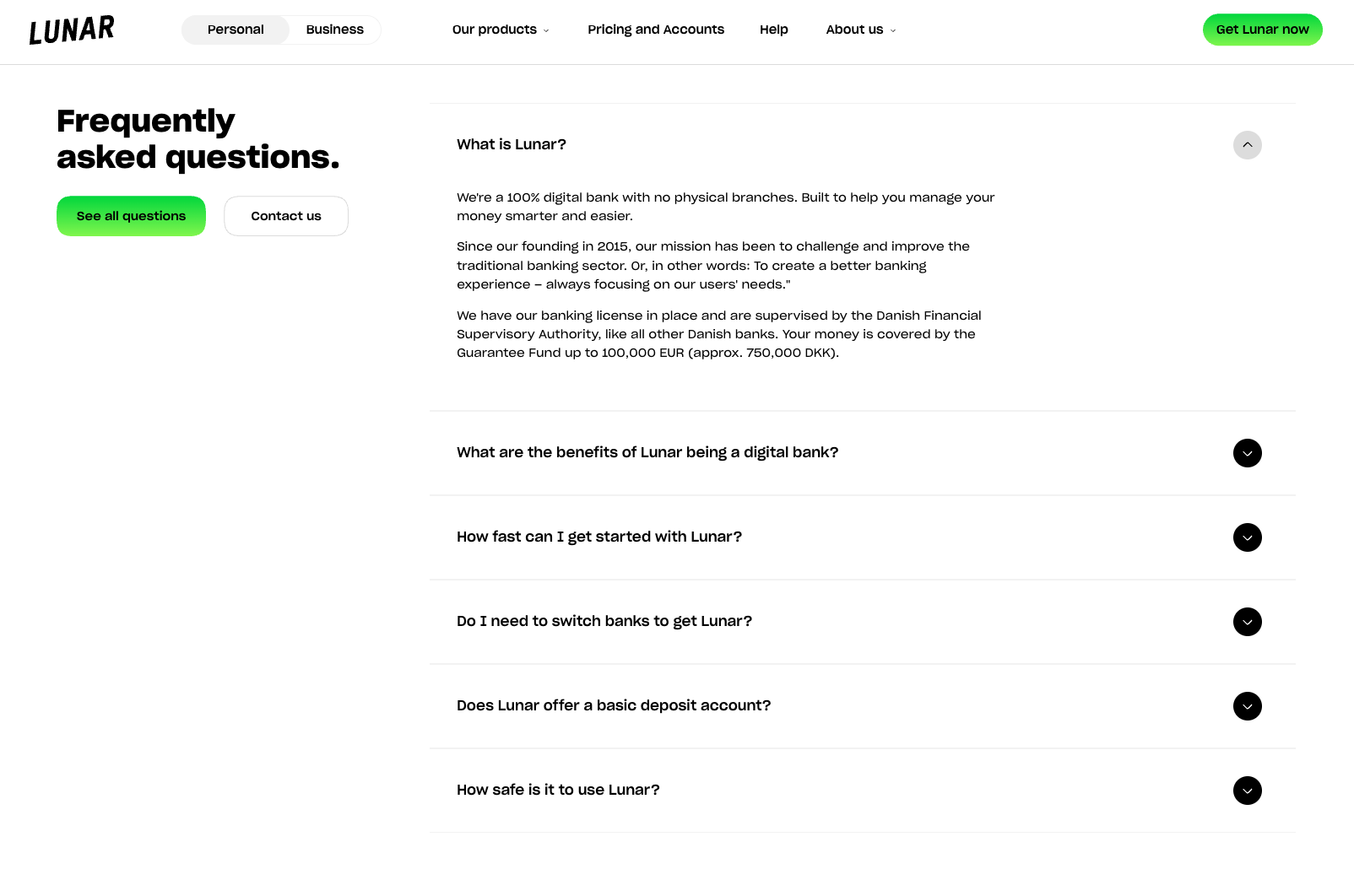 Eksempel på FAQ-komponent eksempel fra Lunar
